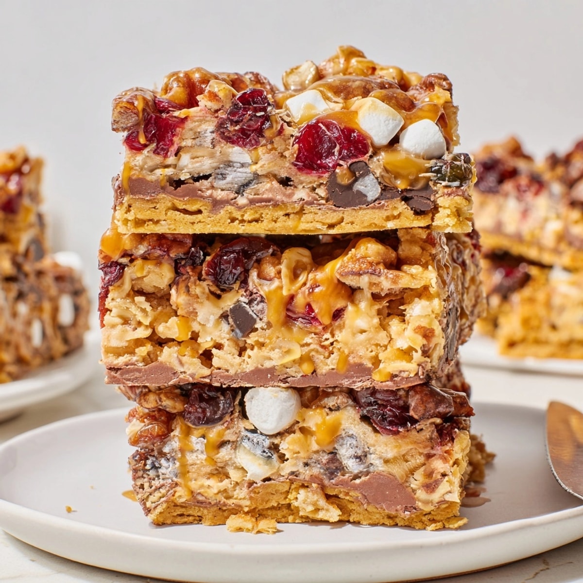 Golden Chaos Cake Thanksgiving Turkey Disaster Bars fresh from the oven, caramel drizzled.