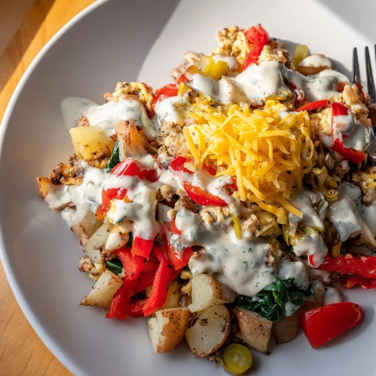 Tangy Pickle-Fix Prairie Scramble with Dill Ranch Drizzle, a golden, cheesy breakfast masterpiece.