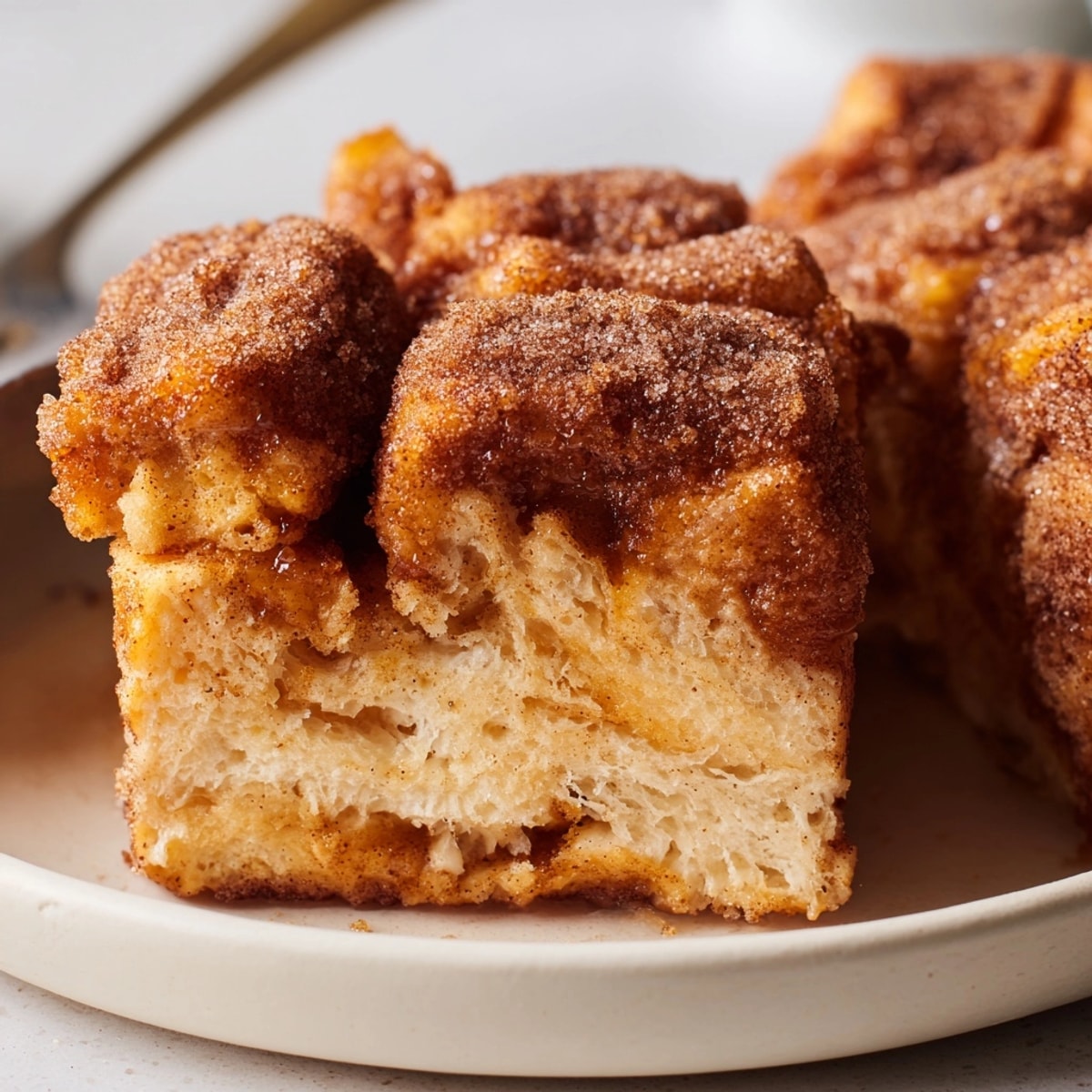 Golden brown cinnamon sugar pull-apart bread, warm from the oven, ready to enjoy.
