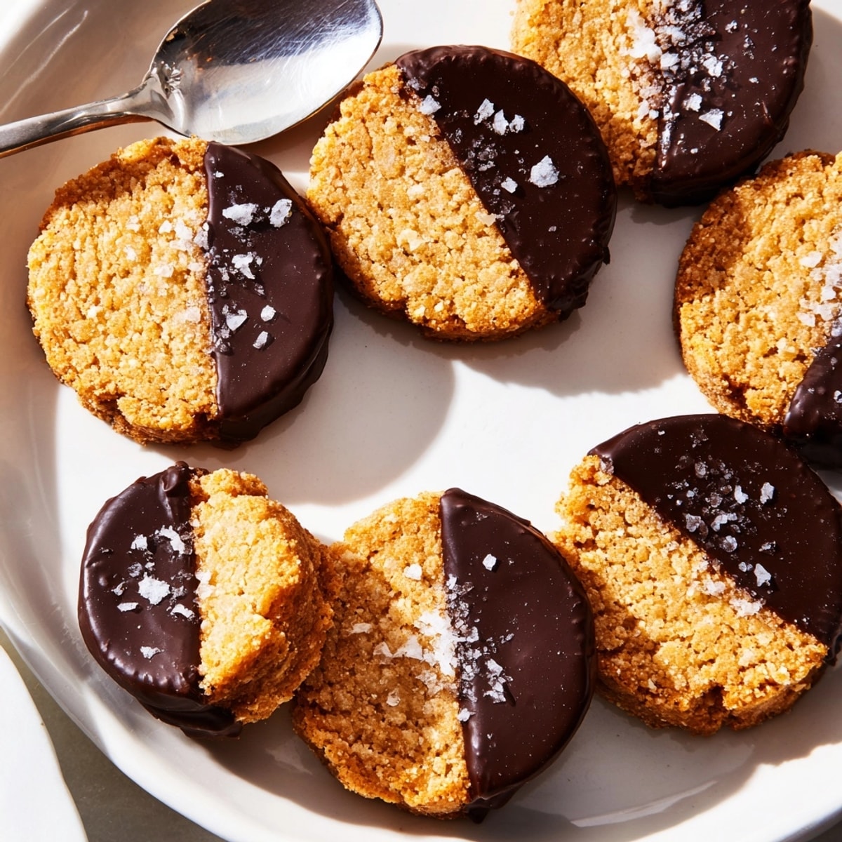 Homemade Chocolate Dipped Almond Shortbread recipe: buttery, crumbly, and topped with flaky salt.