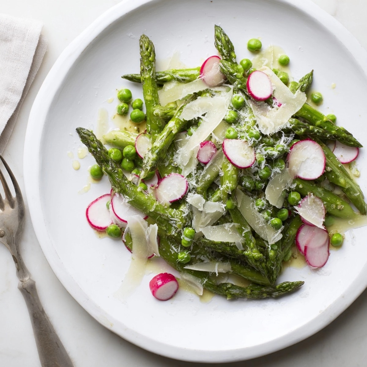 Bright Spring Asparagus Salad with fresh greens, a light lemon dressing glistens invitingly.