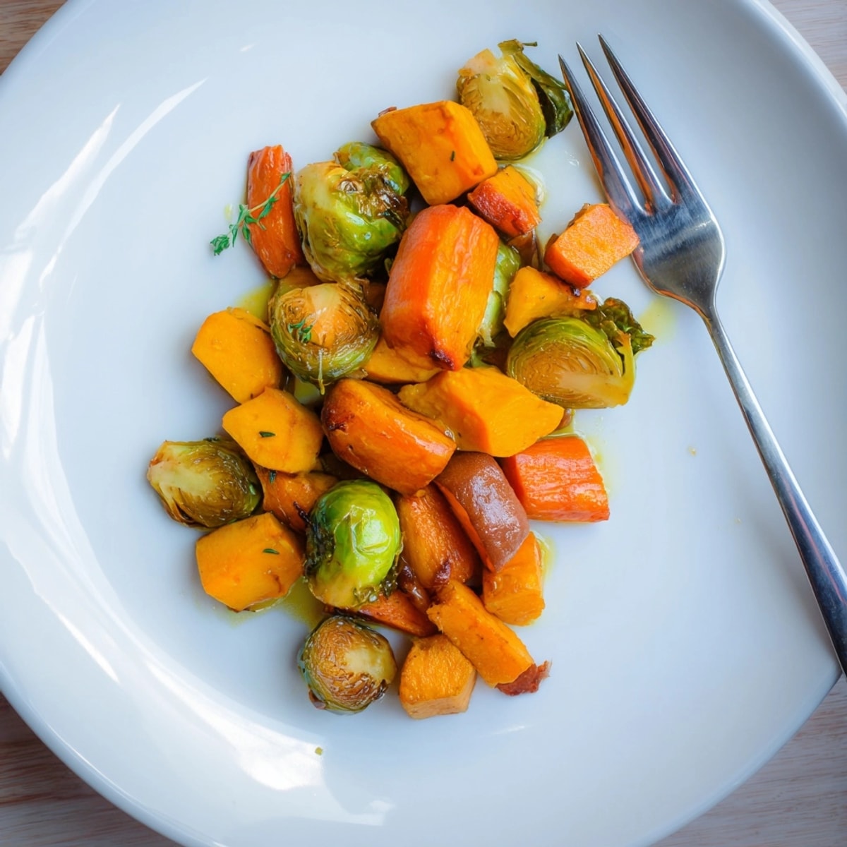 Warm, seasonal Roasted Autumn Vegetable Medley with thyme, perfect for Thanksgiving dinner.