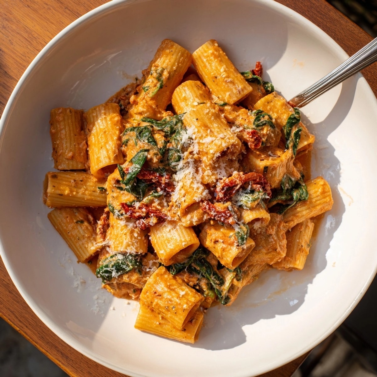 Creamy Tomato Tuscan Pasta, a satisfying bowl with bright sauce and fresh spinach.
