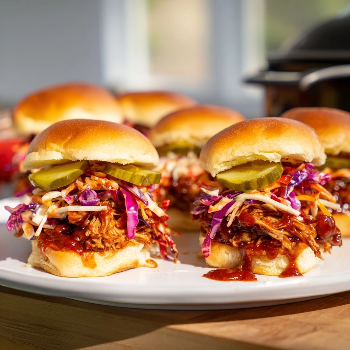 Homemade BBQ Chicken Sliders recipe: Juicy BBQ chicken, crunchy slaw on toasted mini buns.