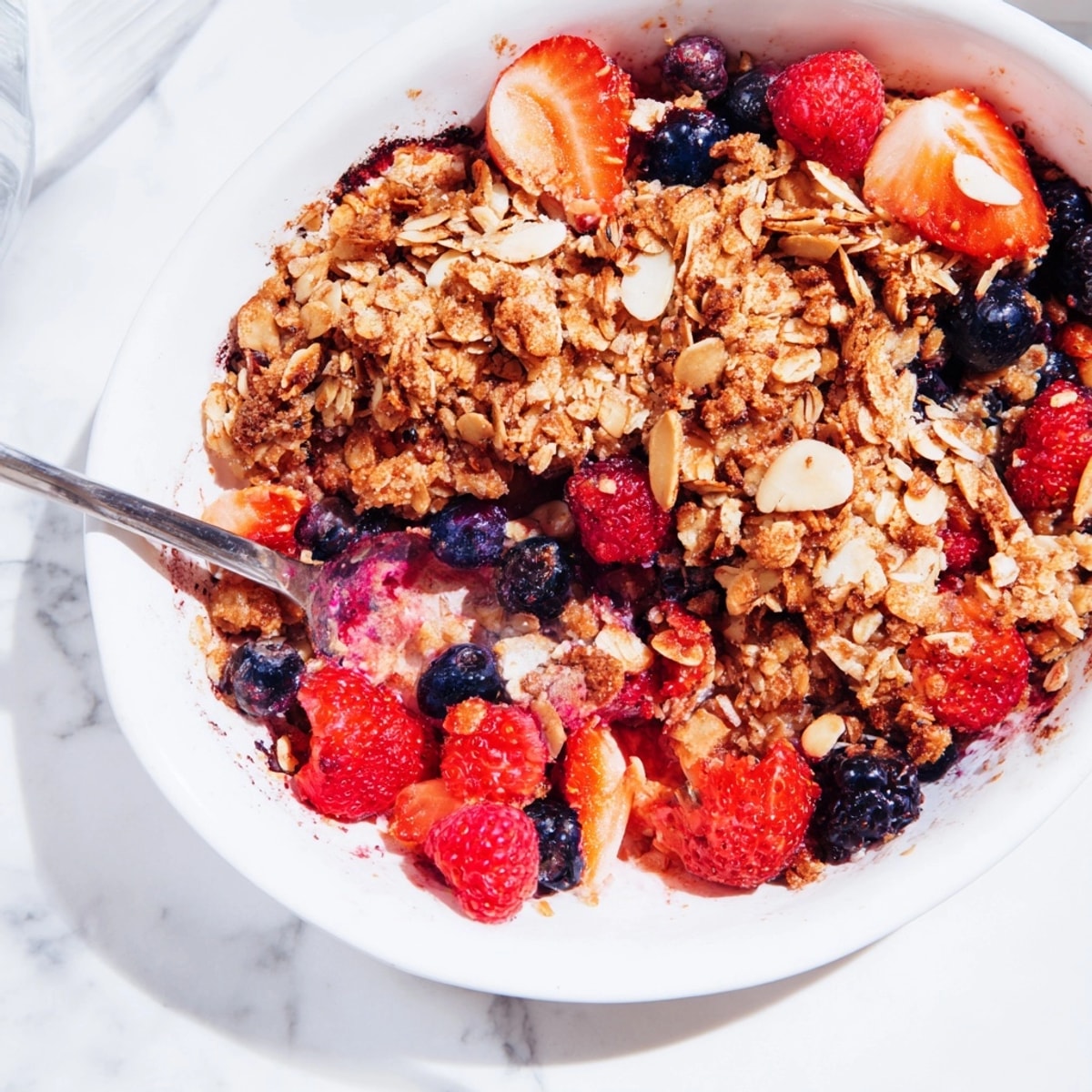 Homemade Berry Oat Crumble showing a scoop, fresh from the oven for sharing.