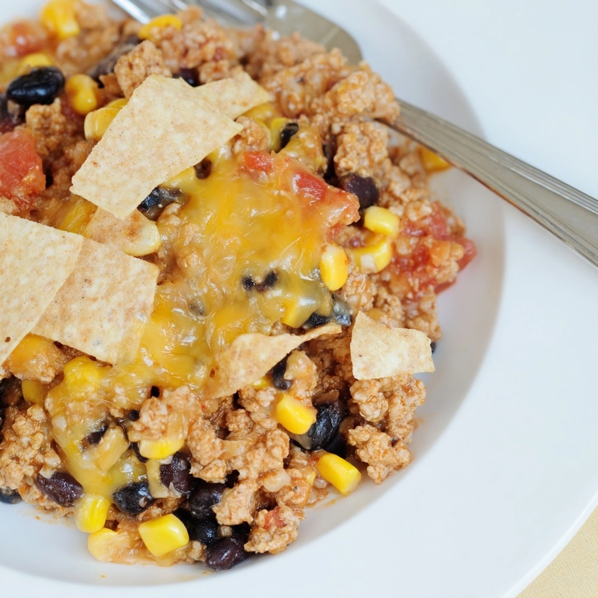 One-pan Turkey Taco Skillet: a weeknight meal with flavorful ground turkey and crisp chips.
