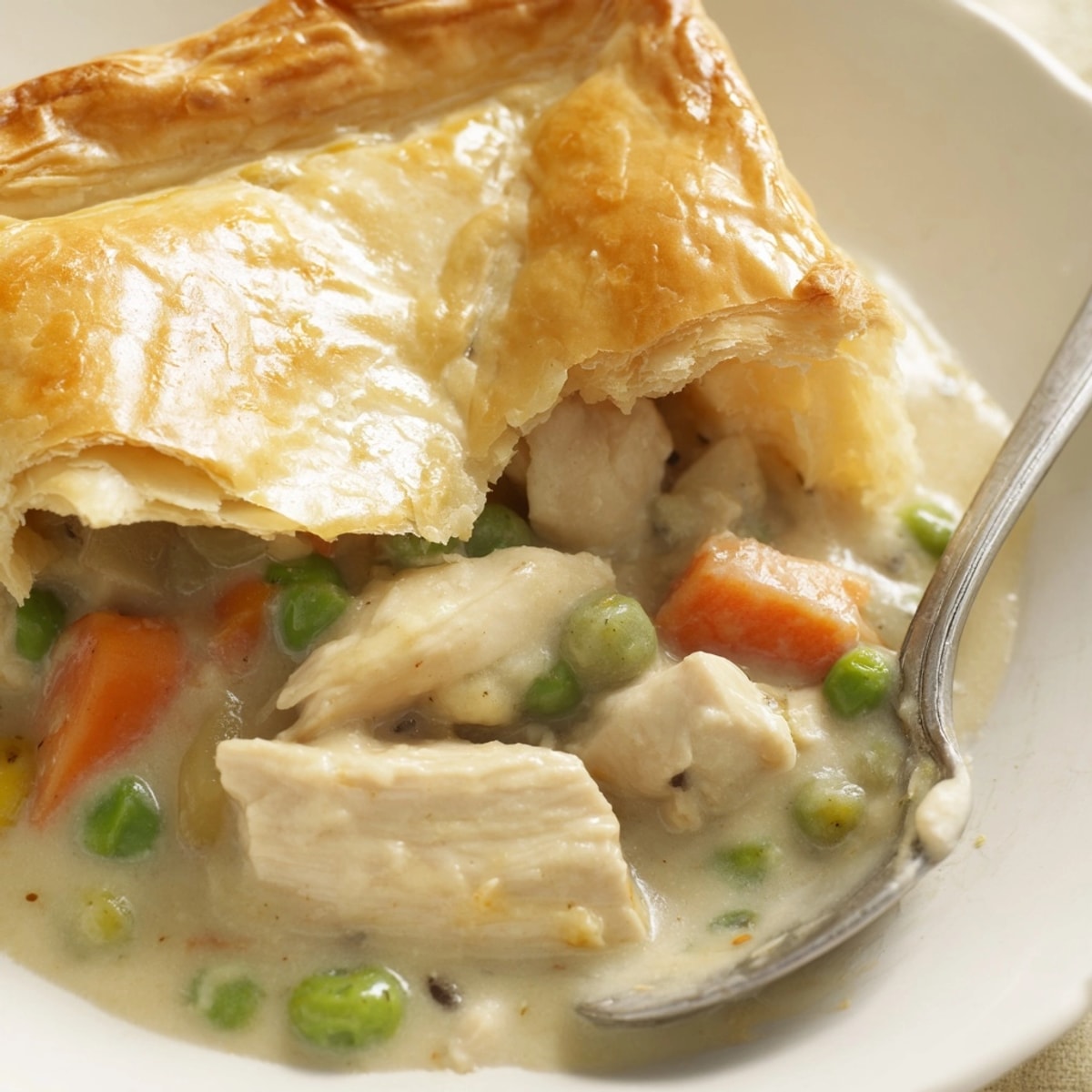 A bubbling, homemade Classic Chicken Pot Pie inviting you to grab a spoon.