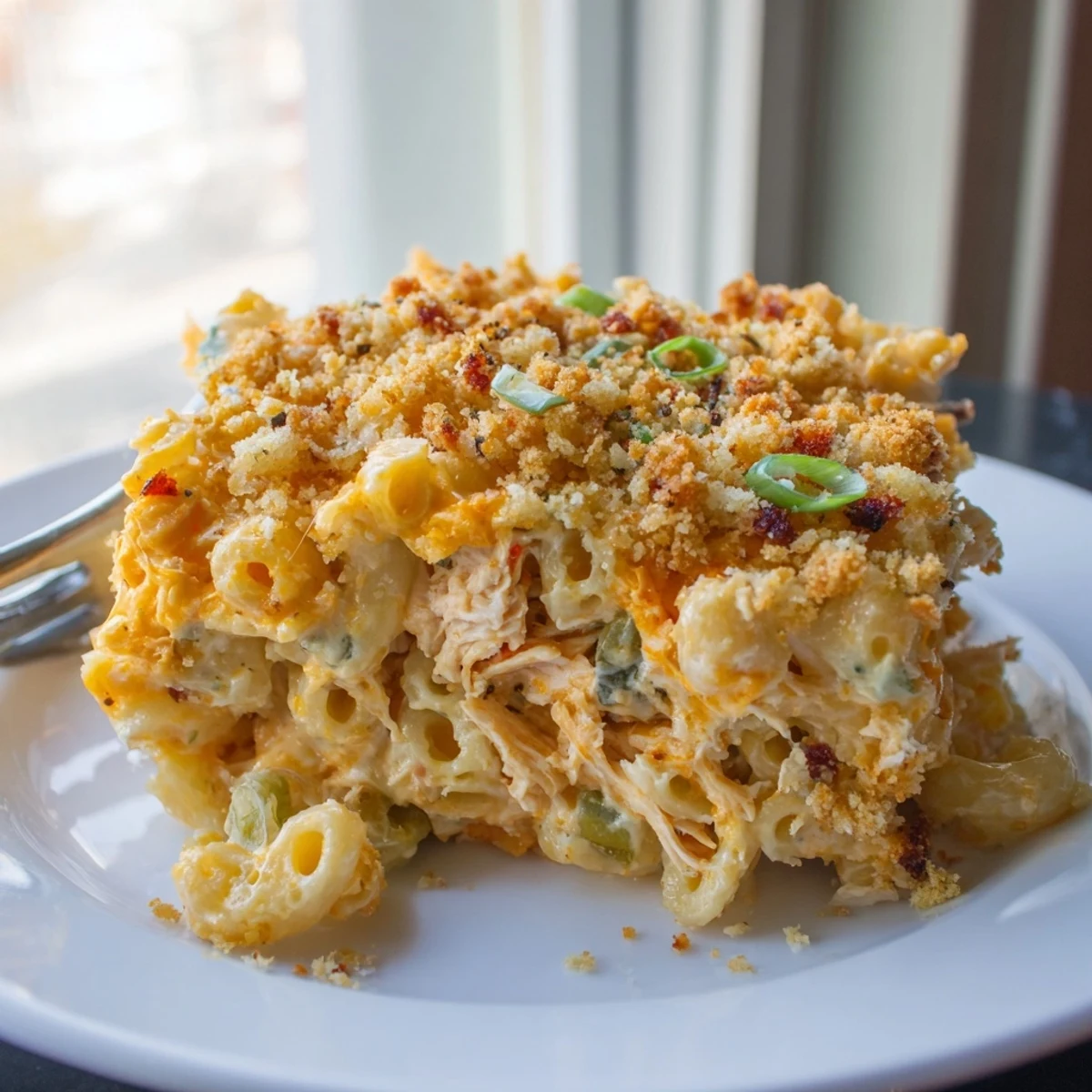 Baking dish filled with rich Buffalo Chicken Dip Mac and Cheese, garnished with scallions.  