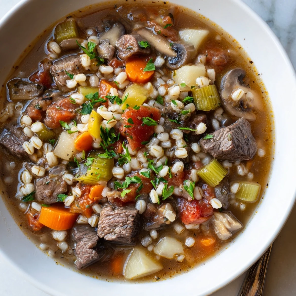 Hearty beef and barley soup simmered with fresh vegetables and rich broth.  
