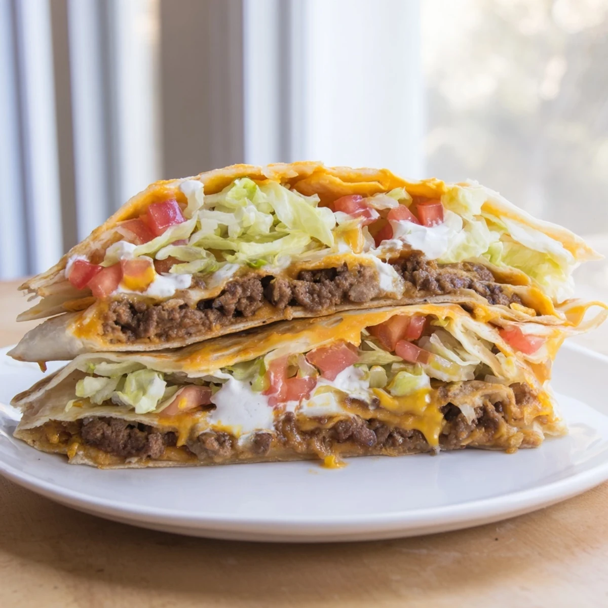 A golden brown Taco Bell Crunchwrap Supreme Copycat filled with beef and cheese.  