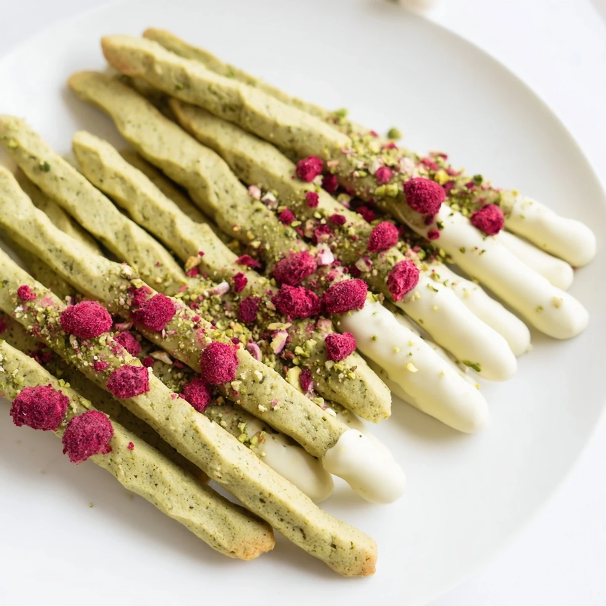 Buttery matcha cookie sticks displayed on a charcuterie board with vibrant fruits.
