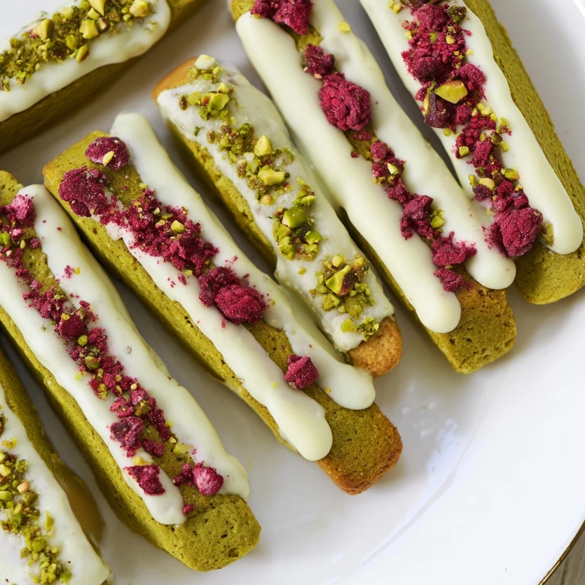 Delicate matcha cookie sticks ready for pairing with chocolate and cheeses on serving platter.