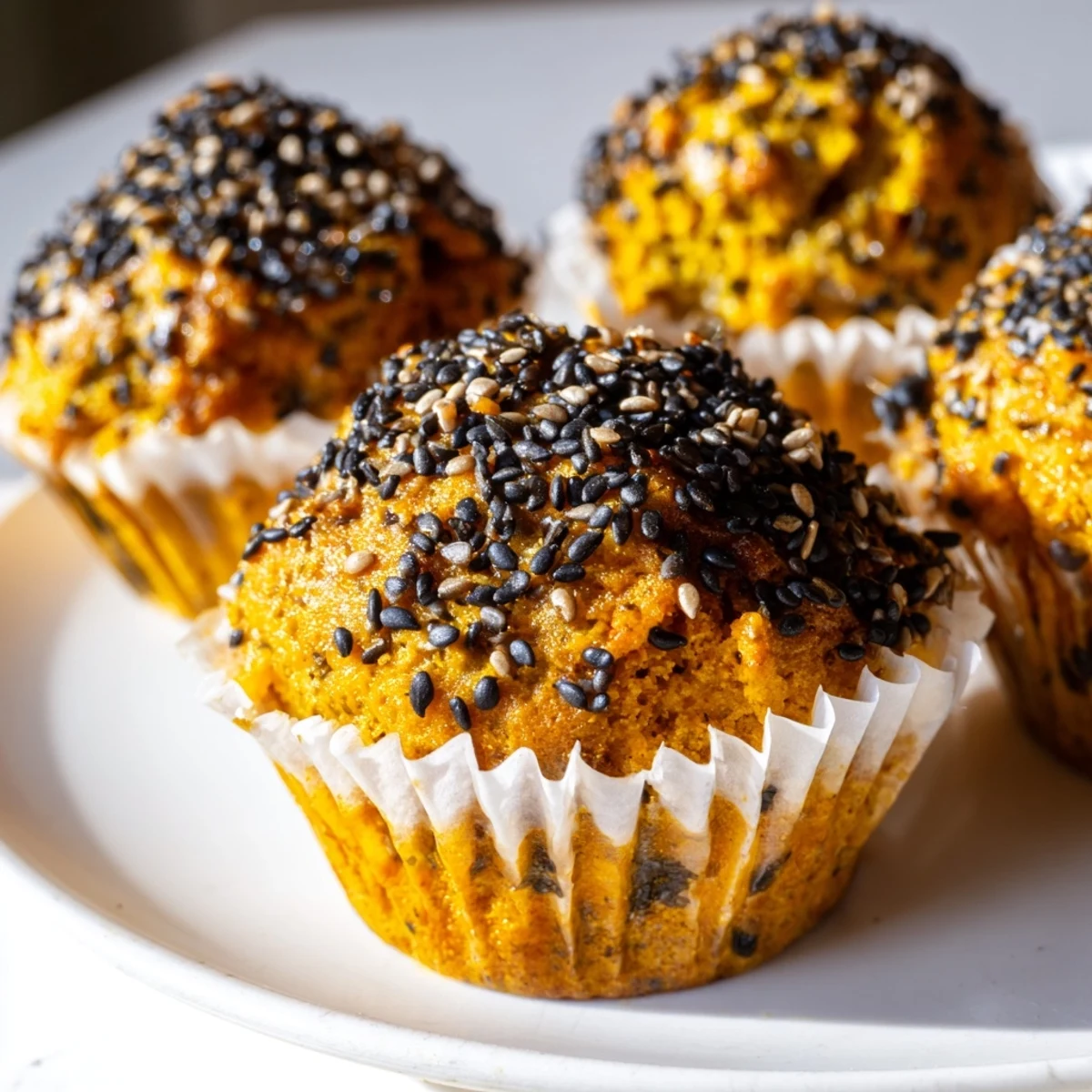 Golden-brown Japanese Sesame Pumpkin Muffins, bursting with kabocha pumpkin and nutty goodness.