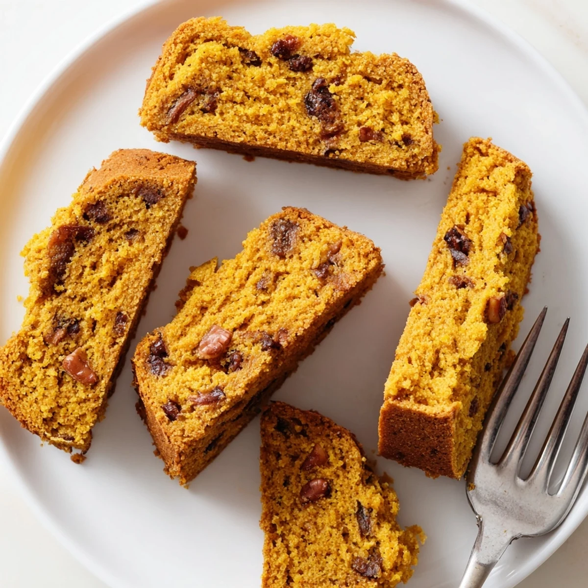 Golden-brown pumpkin muffin biscotti dippers sprinkled with warm spices and chocolate chips.  