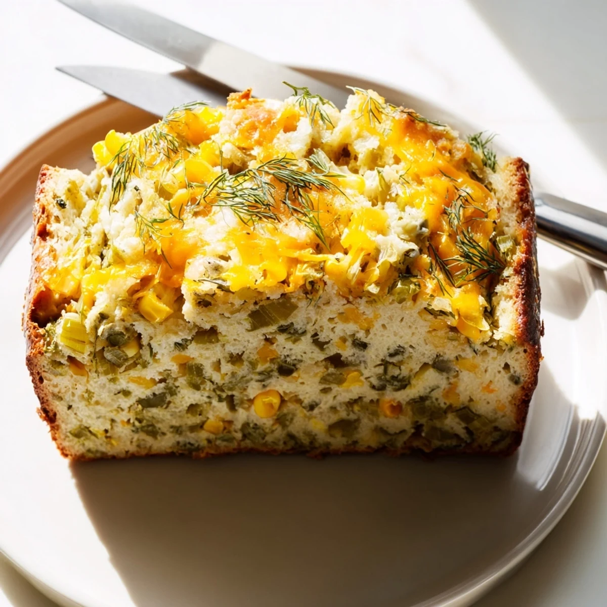 Fluffy Dill Pickle Sweet Corn Pancake Loaf topped with cheese, inviting and delicious.  