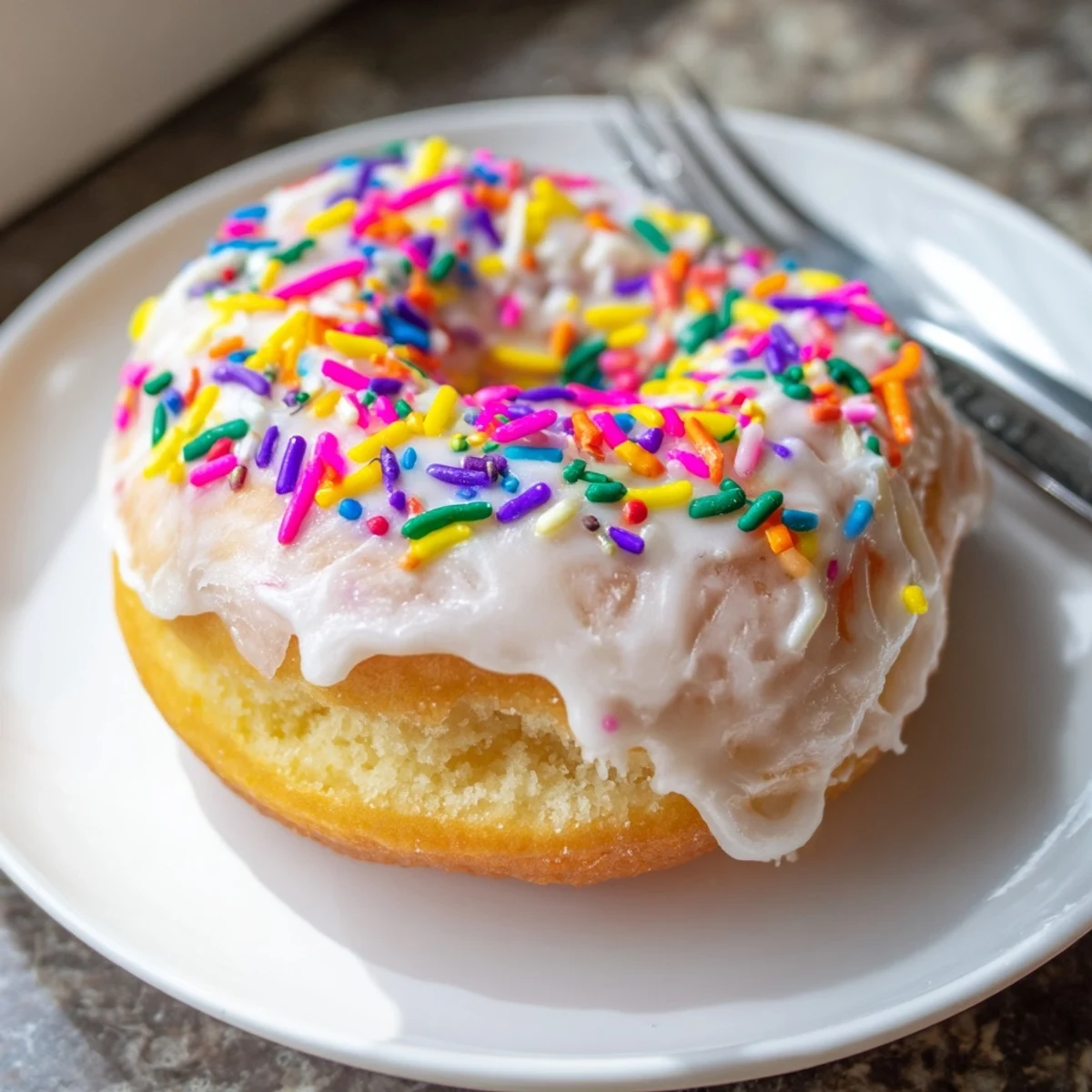 Fluffy cream soda birthday cake donuts glazed with vibrant sprinkles, perfect for celebrations.  