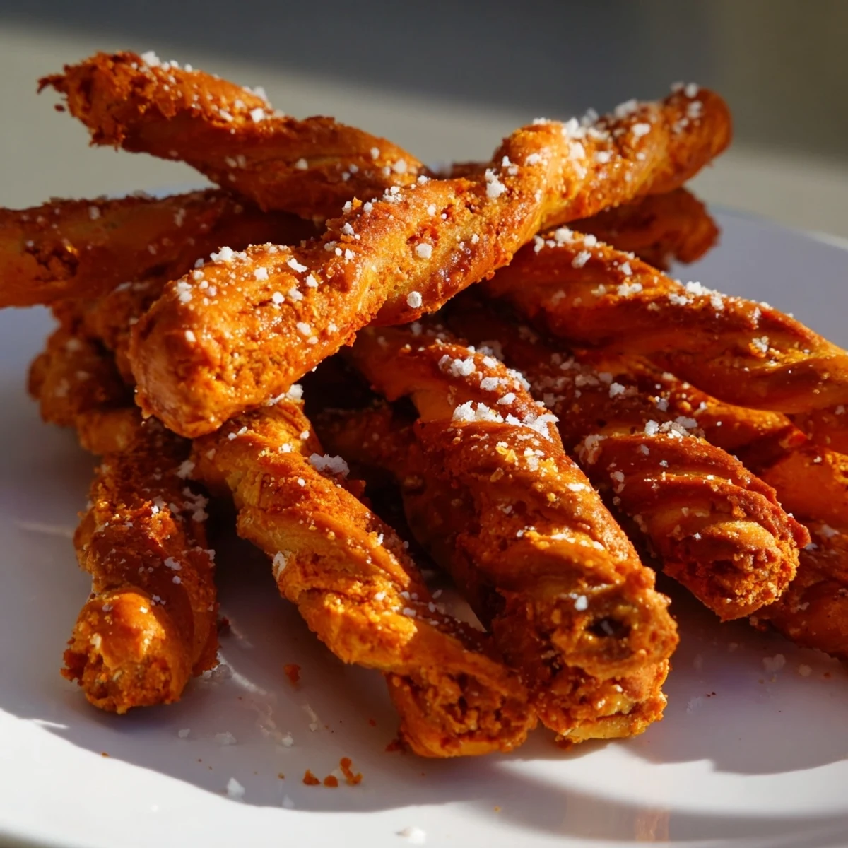 Crispy Flamin Hot Pretzel Biscuit Sticks served fresh, perfect for spicy snack lovers.  
