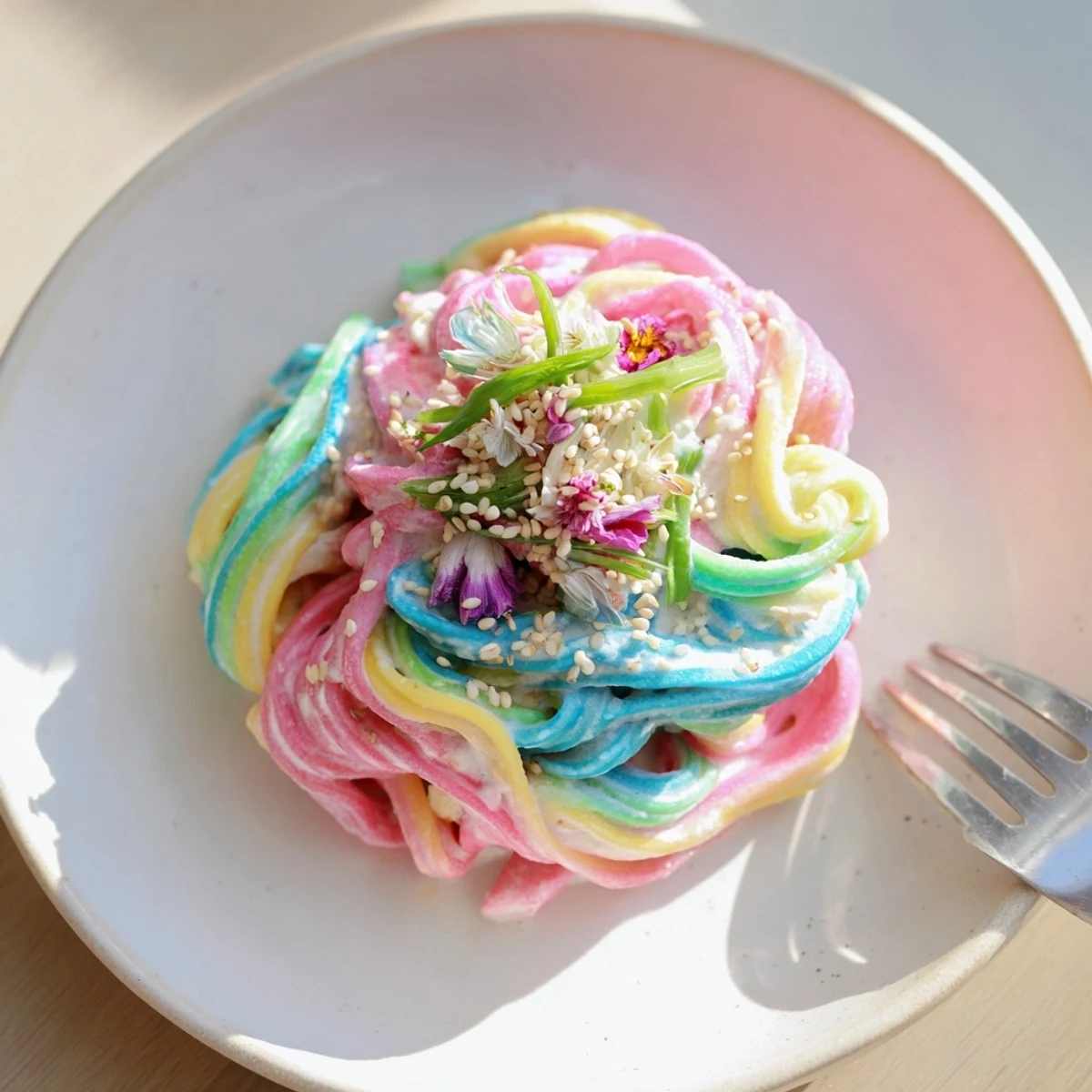 Vibrant Neon Noodle Cloud coated in creamy sauce, perfect for family dinners.  