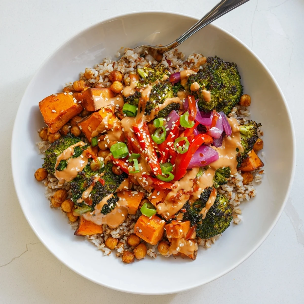 Vibrant Bold Sauce Drizzle Bowls topped with roasted veggies and flavorful sauces.  