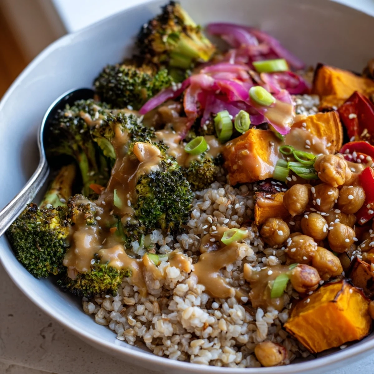 Hearty Bold Sauce Drizzle Bowls featuring crispy chickpeas and fresh vegetable toppings.