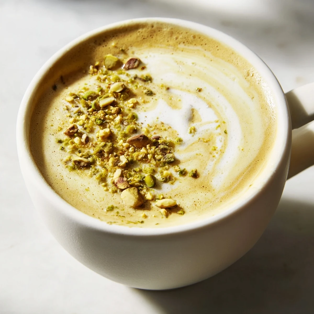 Creamy pistachio milk latte topped with crushed nuts for a delightful coffee experience.  