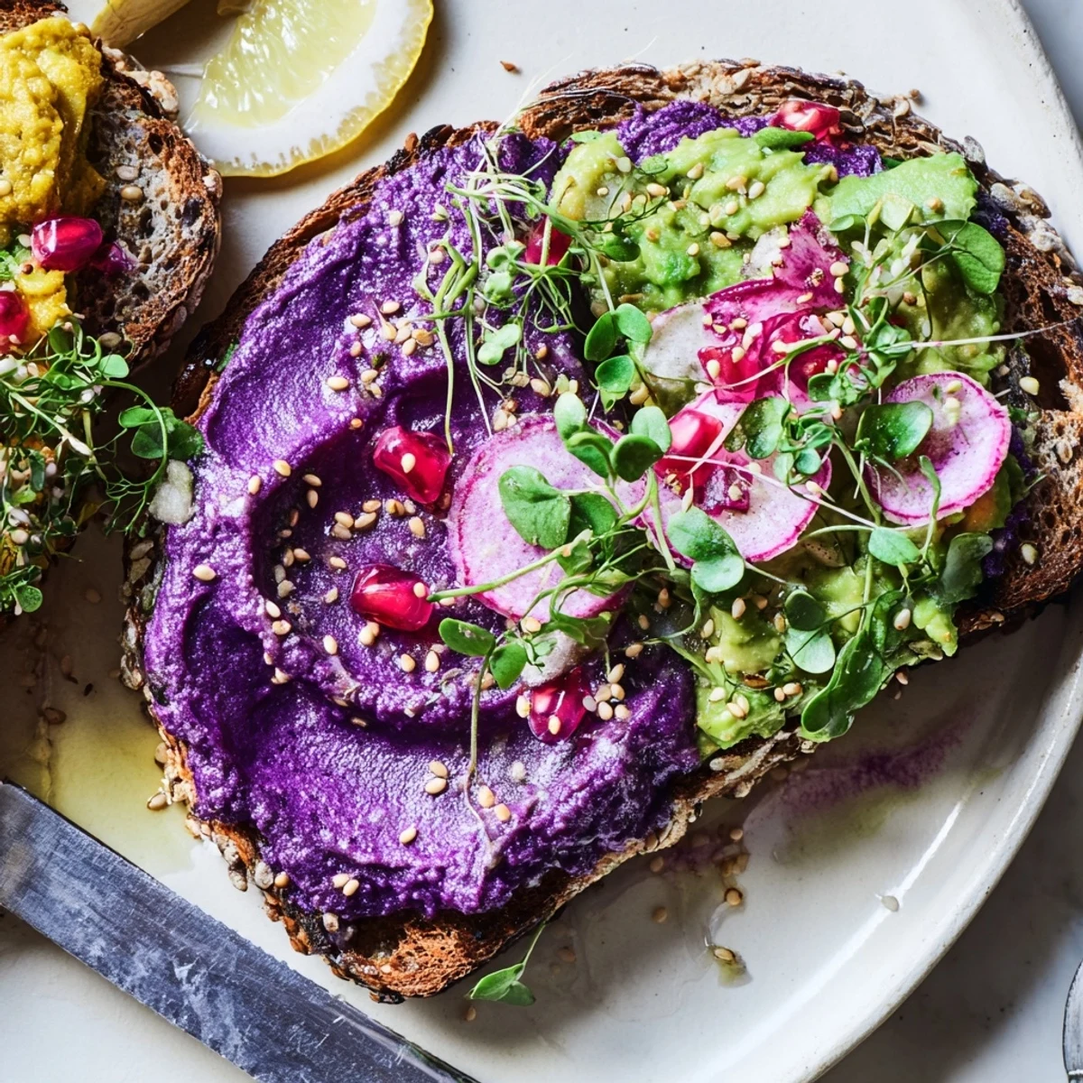 Colorful breakfast toasts featuring creamy avocado, ube jam, and crunchy radishes.  