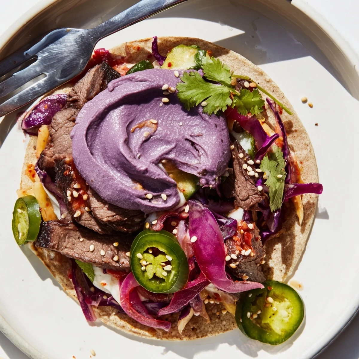 Vibrant Global Street-Food Fusion Tacos topped with zesty ube crema and fresh vegetables.  