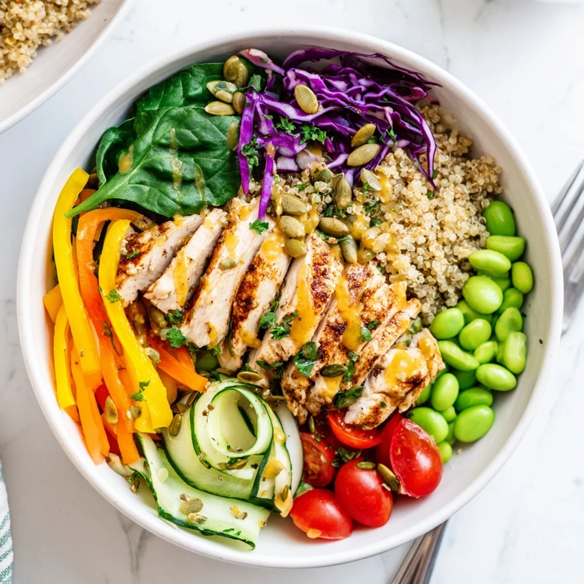 Vibrant Healthy Meal-Prep Bowls showcasing layers of colorful vegetables and quinoa.