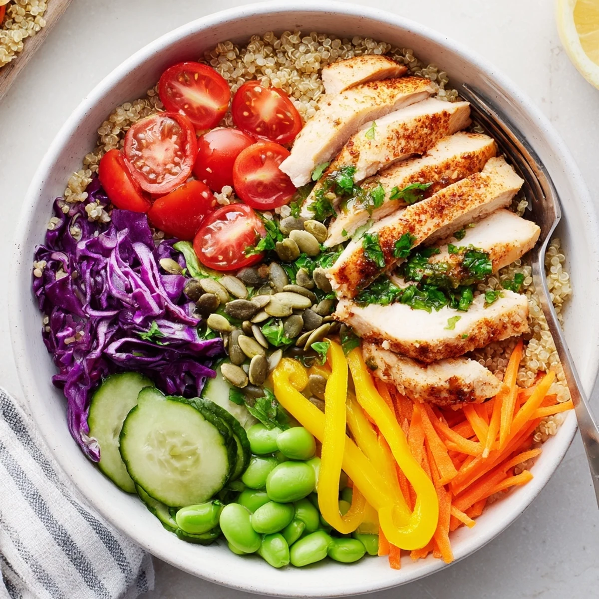 Delicious Healthy Meal-Prep Bowls with grilled chicken and zesty dressing ready to enjoy.