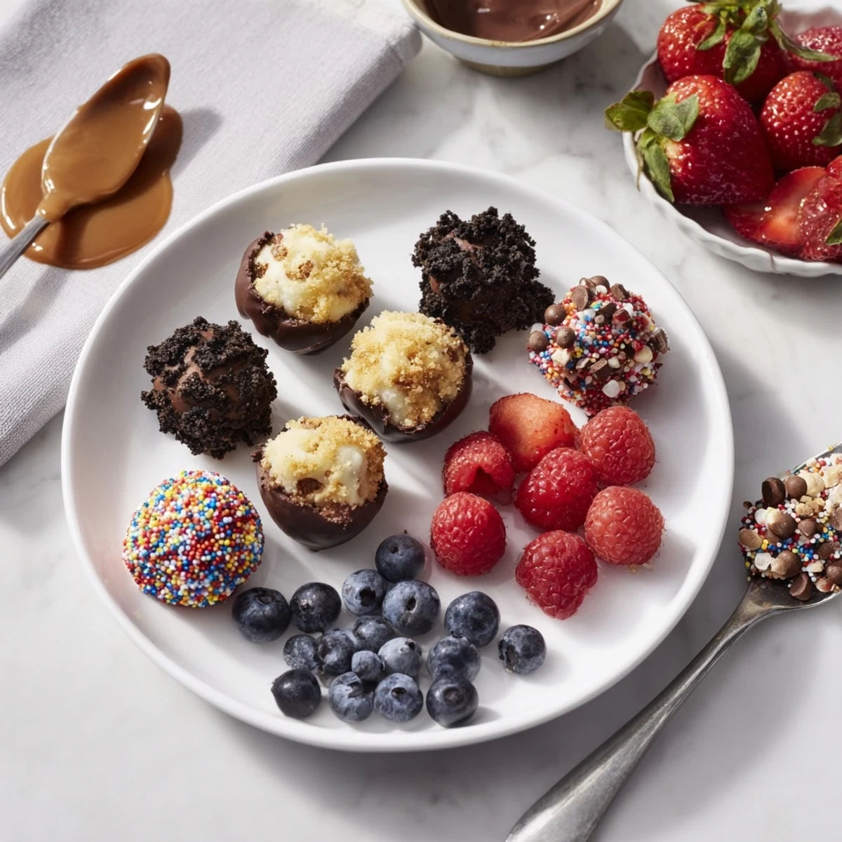 Creamy cheesecake bites on a beautiful deconstructed dessert board, ready to serve.  