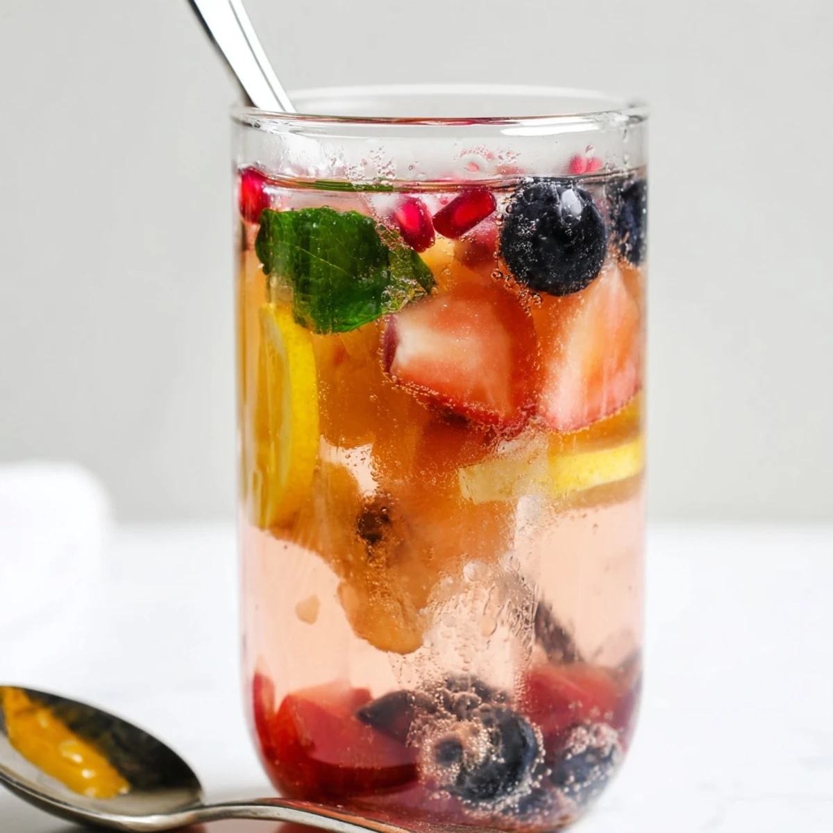 Vibrant Kombucha-style home-brew mocktails served over ice with citrus and ginger.  