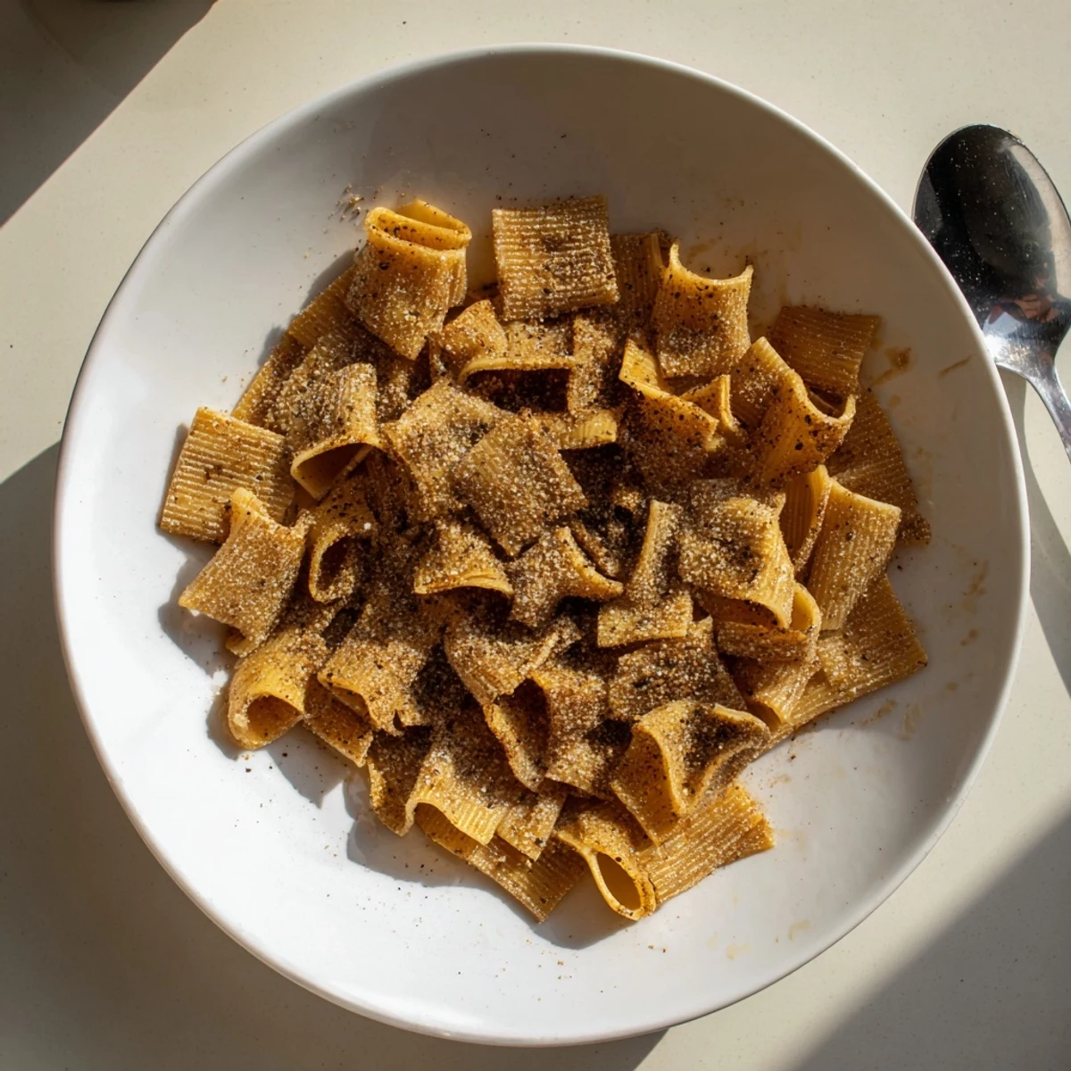 Golden baked pasta chips tossed with spices, ideal for gatherings or movie nights.  