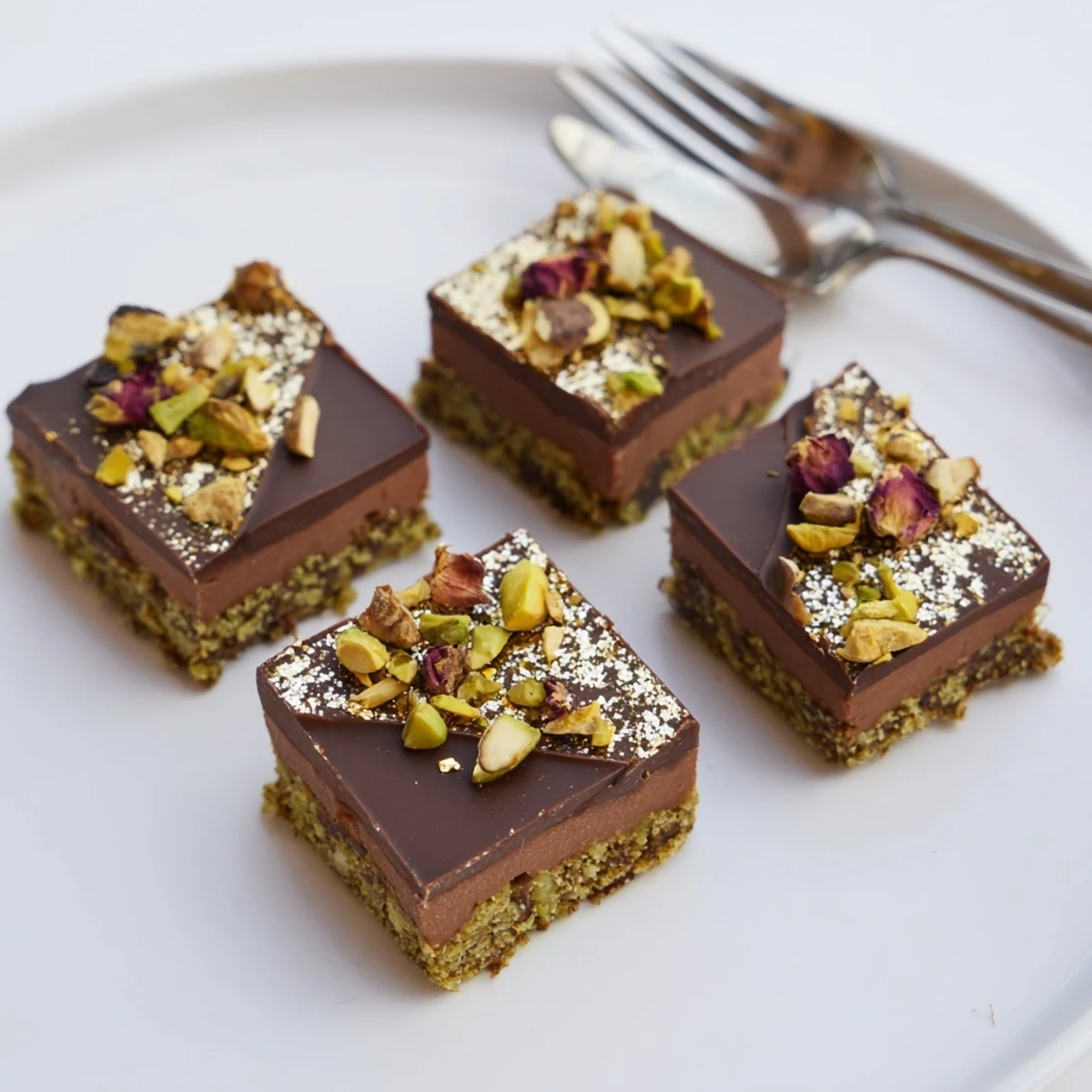 Decadent chocolate bar-inspired creations topped with crunchy pistachios and coconut layers.