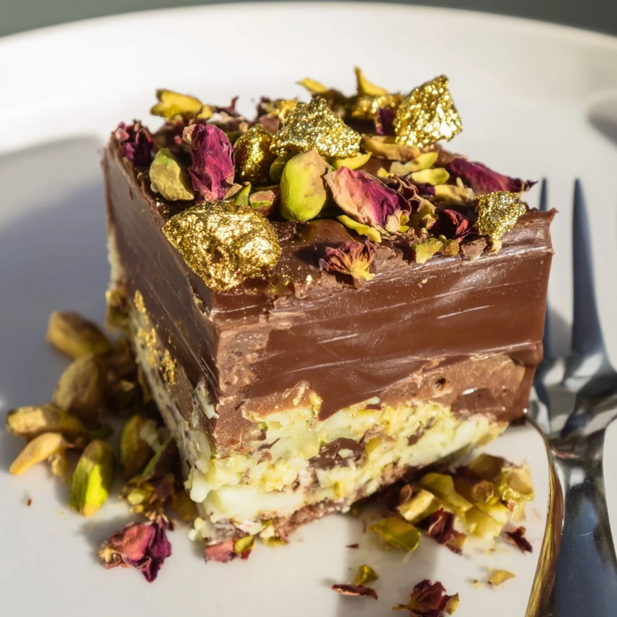 Indulge in rich chocolate bar-inspired delights, featuring spiced date caramel and rose petals.