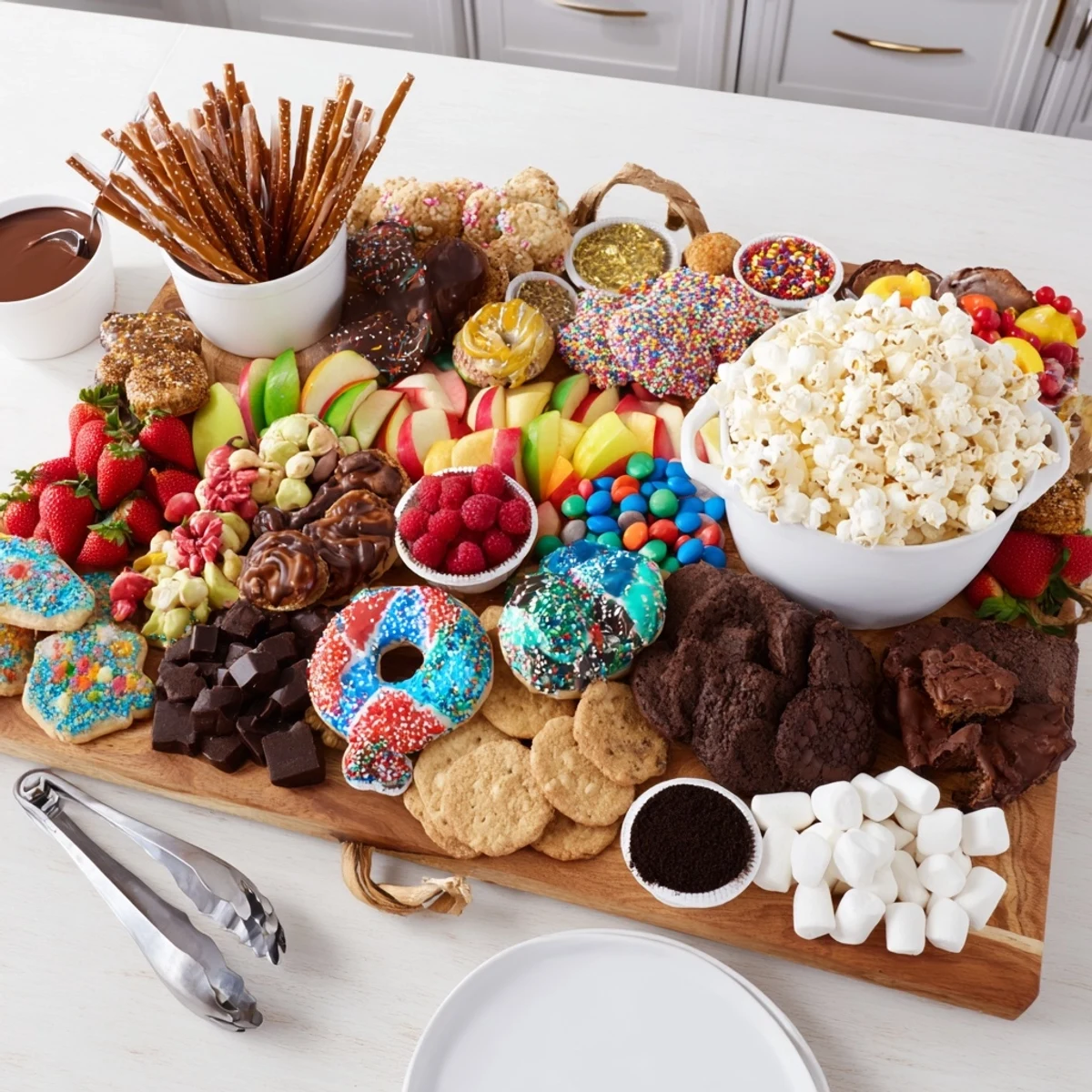 A delicious spread of dessert board featuring cookies, fruits, and dips.  