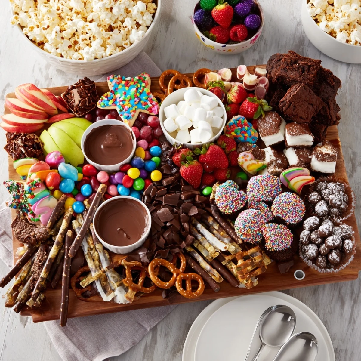 Festive dessert boards with colorful snacks and sweet treats for sharing.  