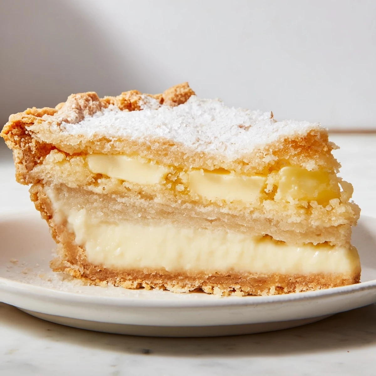Creamy water pie sits elegantly in a flaky crust, showcasing minimal ingredients.  