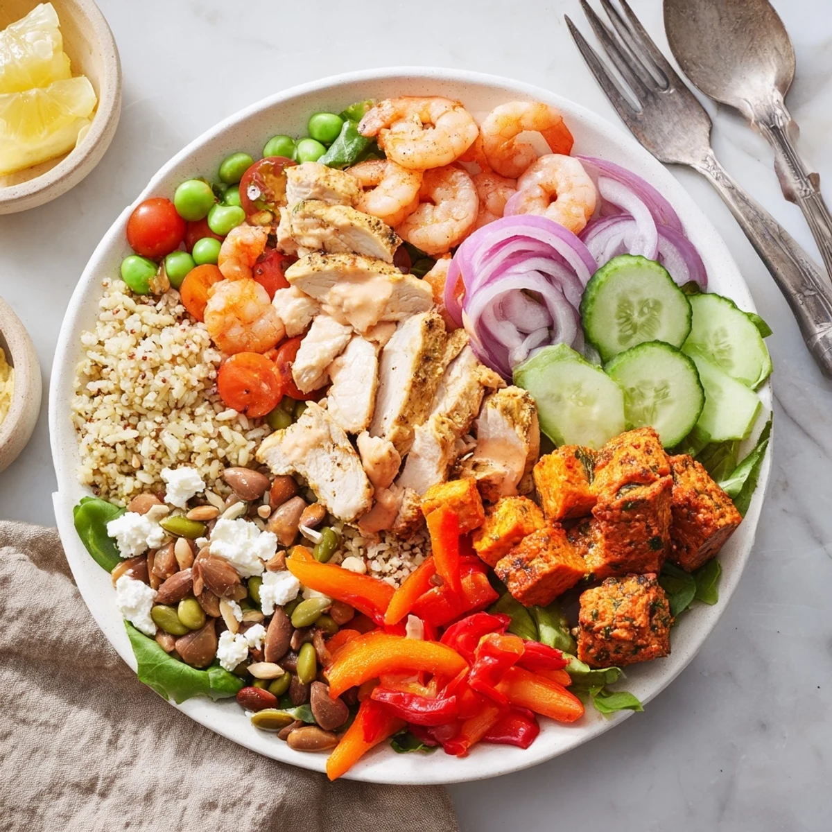 A colorful, interactive plated meal of customizable bowls and boards for gatherings.  