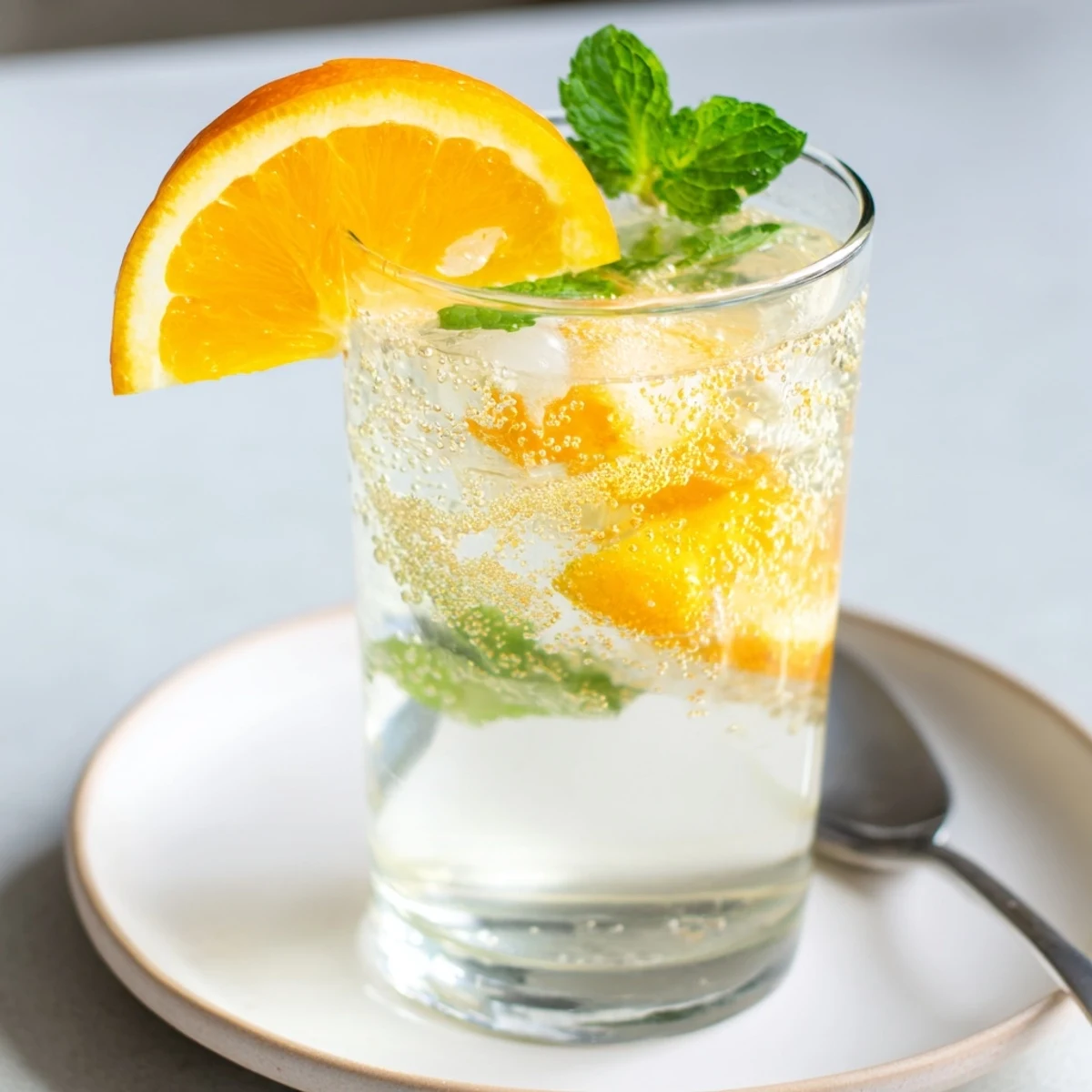 Refreshing Probiotic Soda Mocktail garnished with mint leaves and orange slices.  
