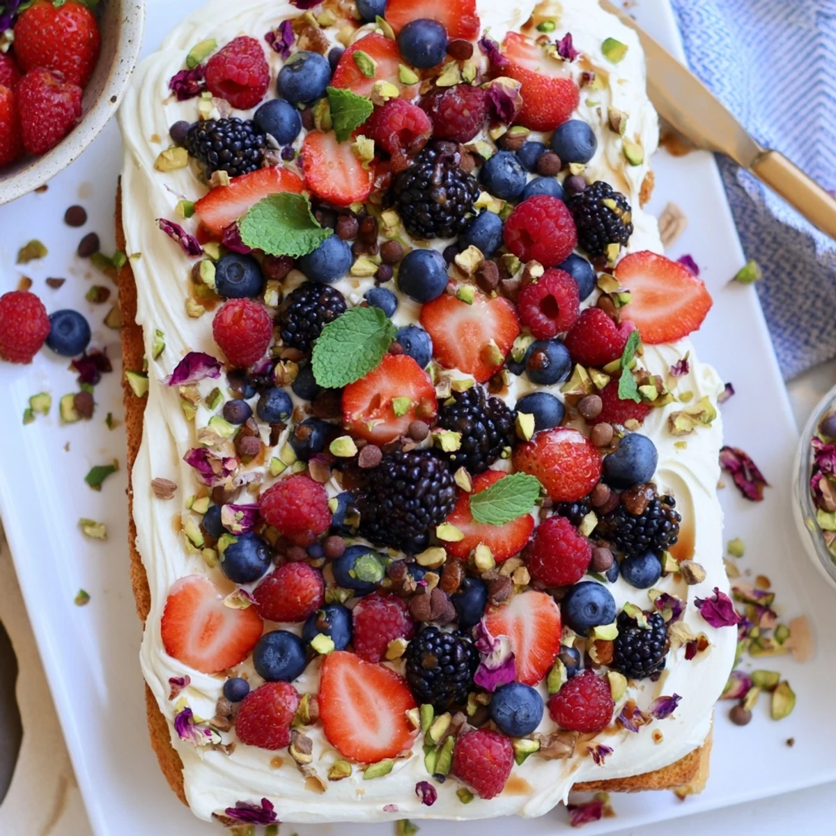 Creamy butter board dessert topped with fresh berries and crunchy nuts.  