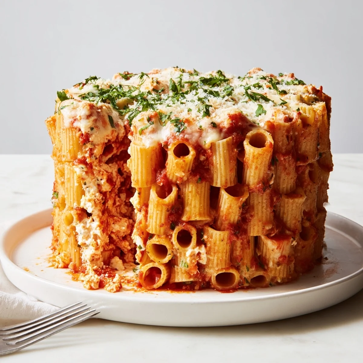 A beautifully layered Honeycomb Pasta Cake with rich tomato sauce and melted cheese.  
