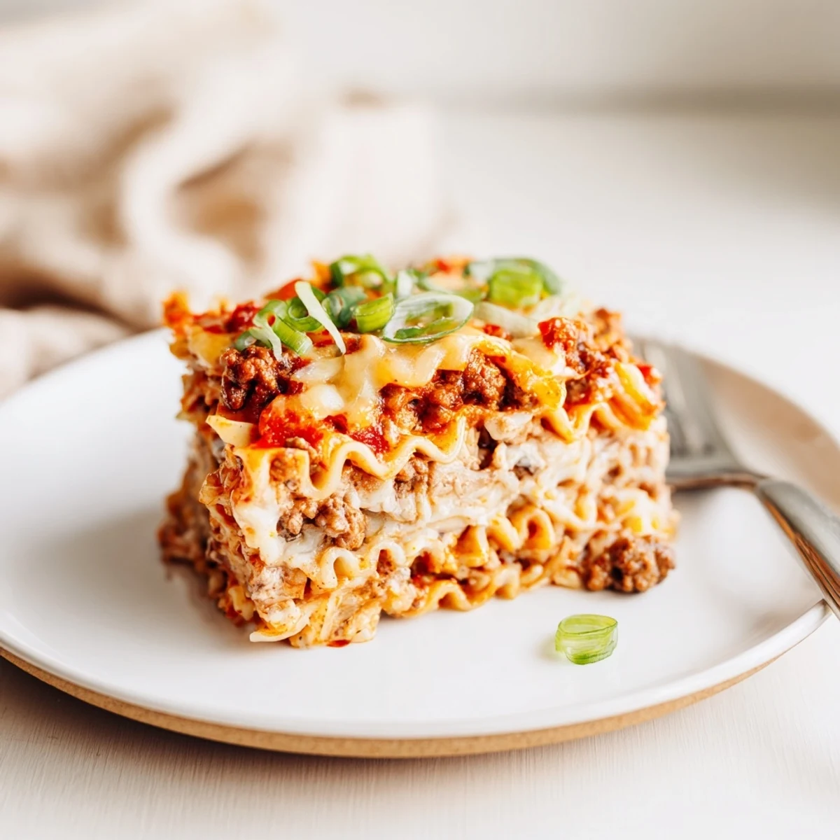 A steaming plate of spicy ramen lasagna, layered with creamy cheese and ground pork.  