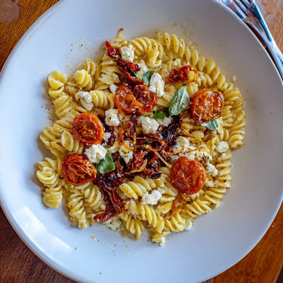 Creamy baked feta pasta with caramelized onions and sun-dried tomatoes ready to serve.  
