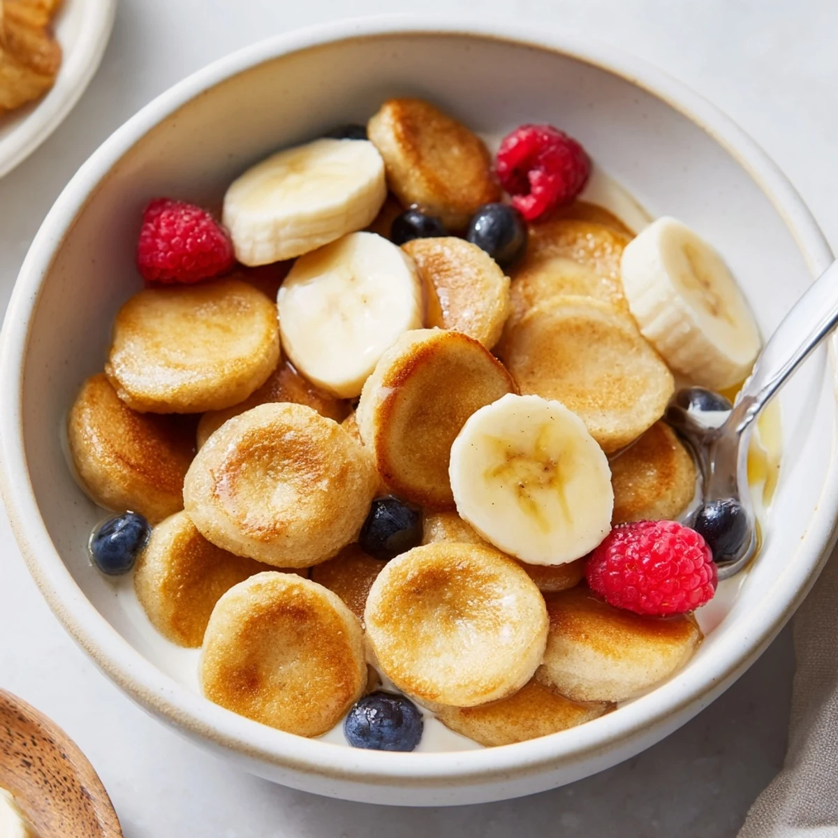 Bite-sized pancake cereal in a bowl, perfect for breakfast with milk.  