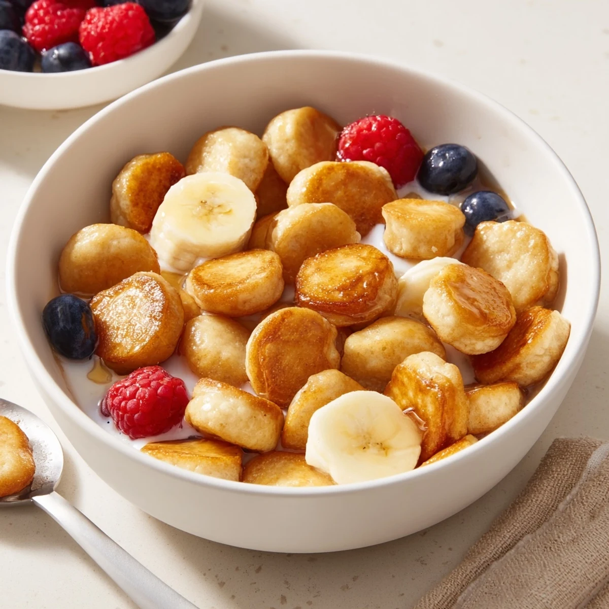 Crispy mini pancakes topped with fruit, resembling delightful breakfast cereal.
