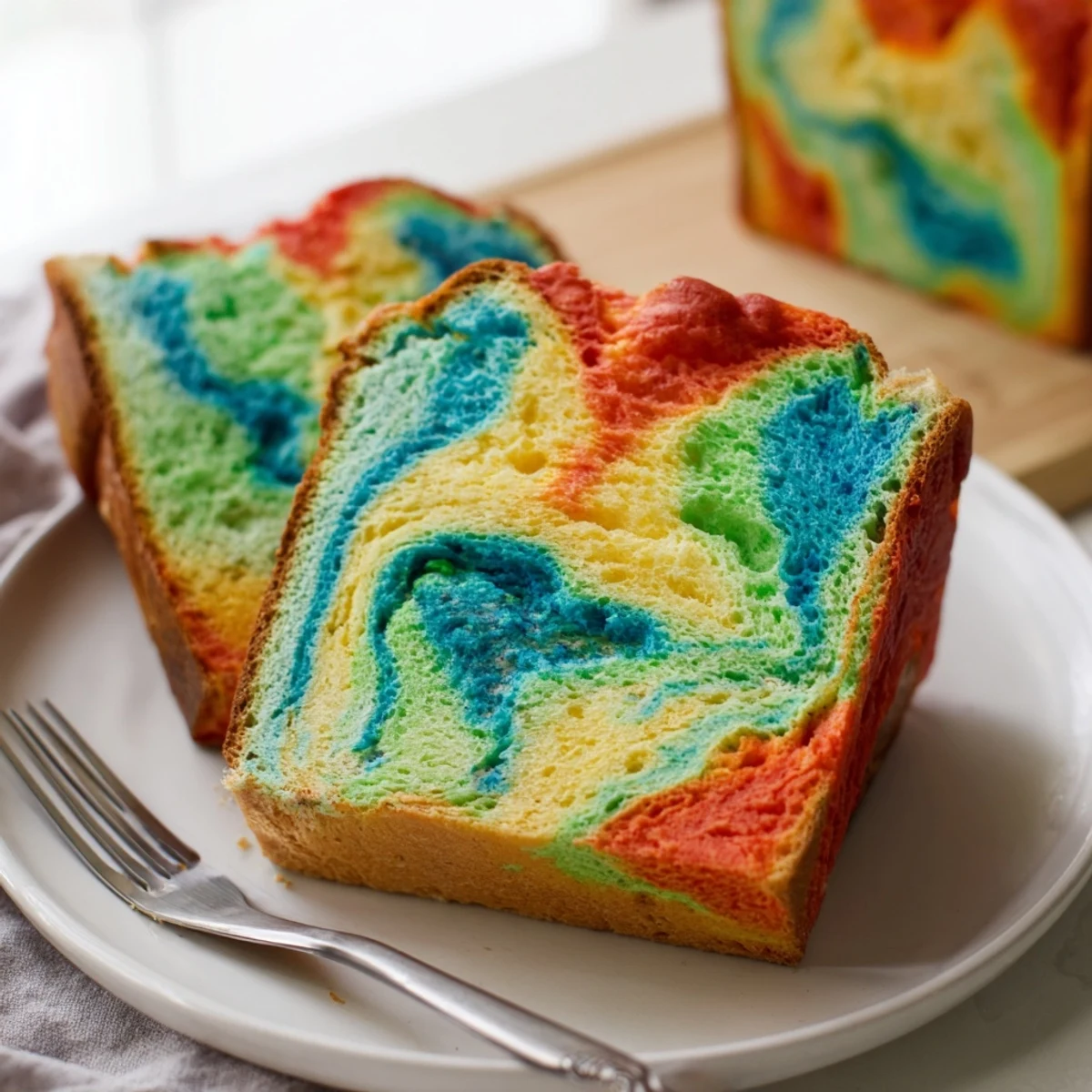 Fluffy cloud bread in vibrant rainbow colors, perfect for breakfast or snacks.  
