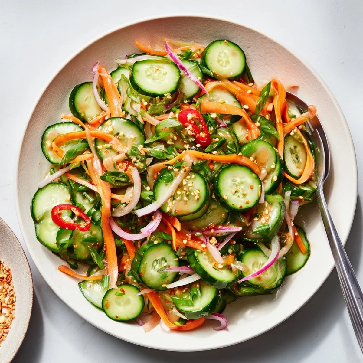 Refreshing cucumber salad remix with vibrant colors and savory Asian-inspired dressing.  