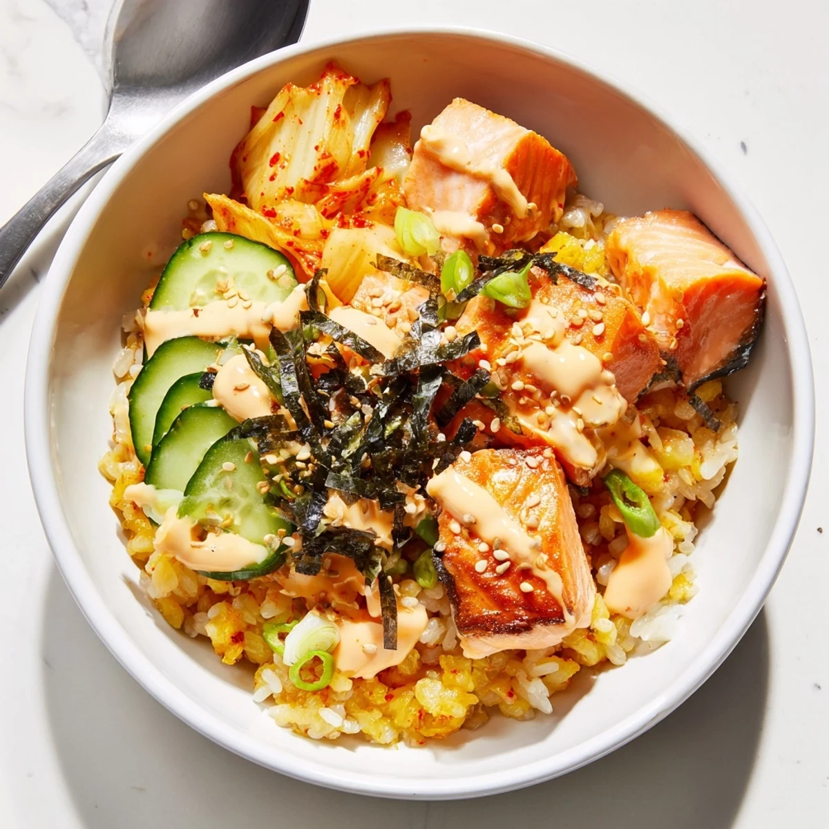 A vibrant Crispy Salmon Rice Bowl bursting with flavors and colorful toppings.  