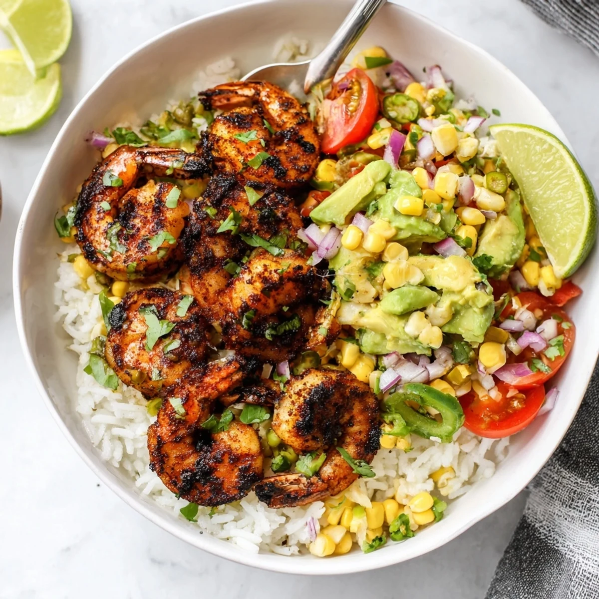 Spicy blackened shrimp served over fluffy rice with zesty avocado corn salsa.