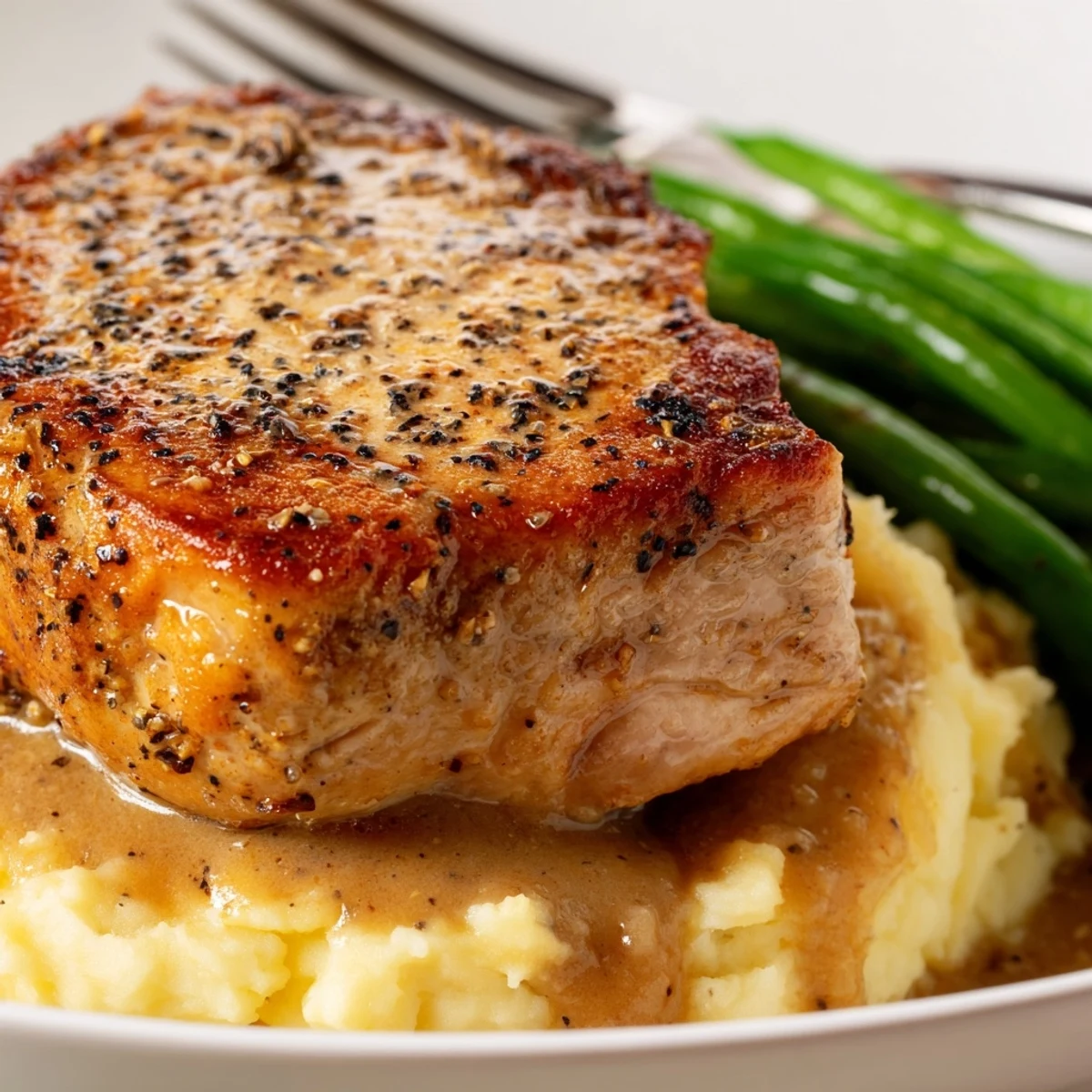 Juicy pork chops served over creamy cheddar mash, drizzled with savory gravy.  